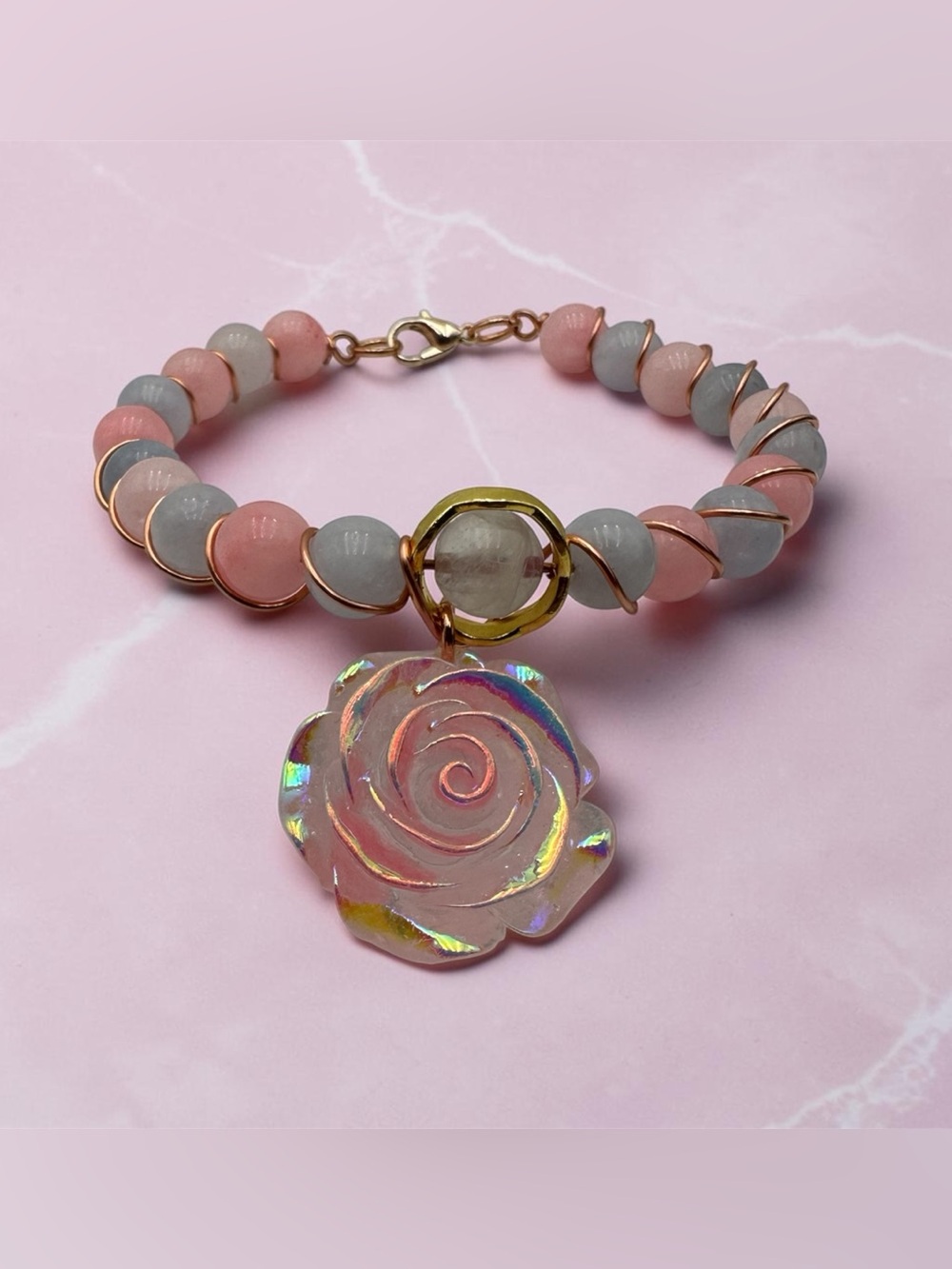 Handmade Pink & Blue Rose Bracelet with Iridescent Flower Charm